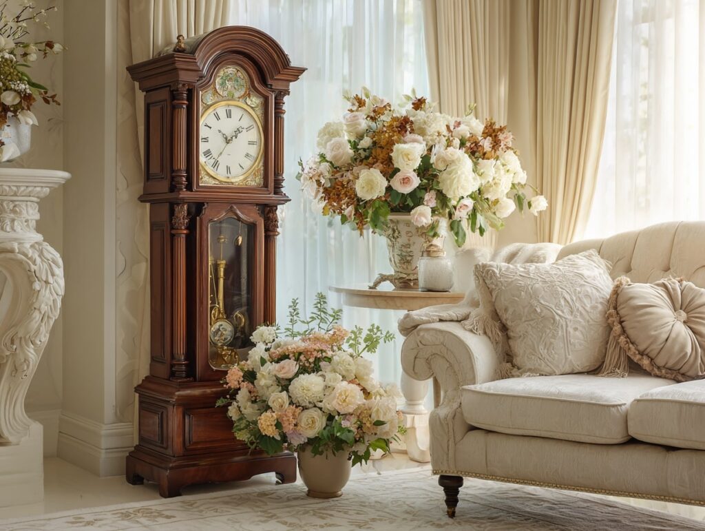 Grandfather Clock and Ornate Florals