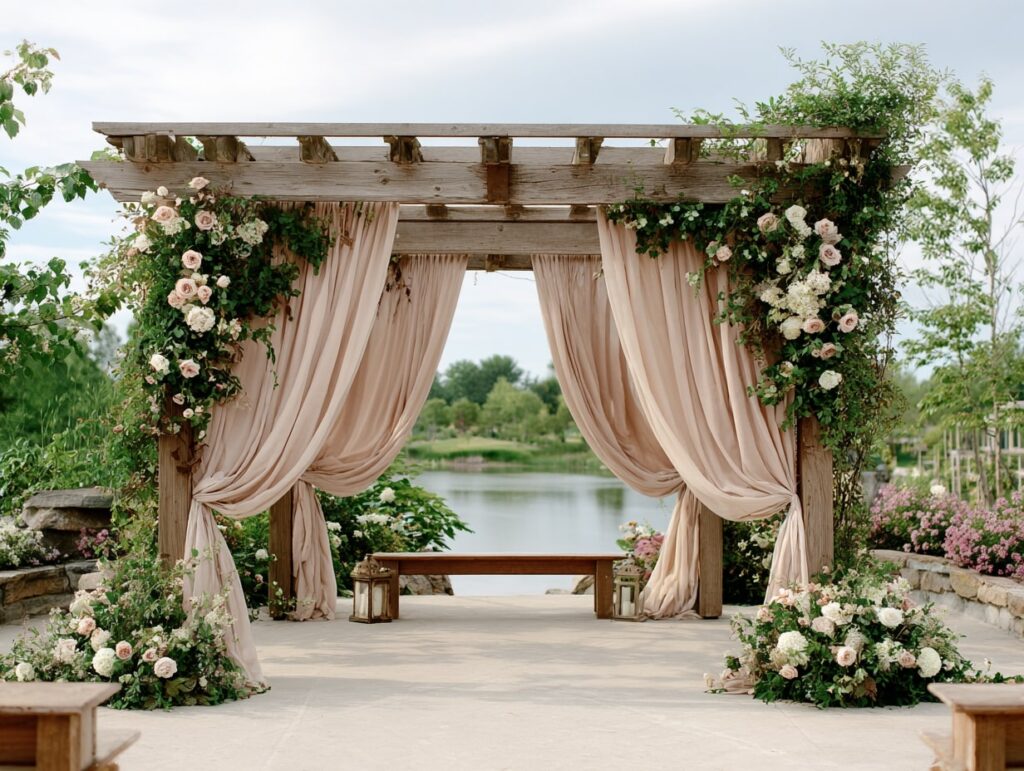 11. Blush Draped Pergola by the Lake