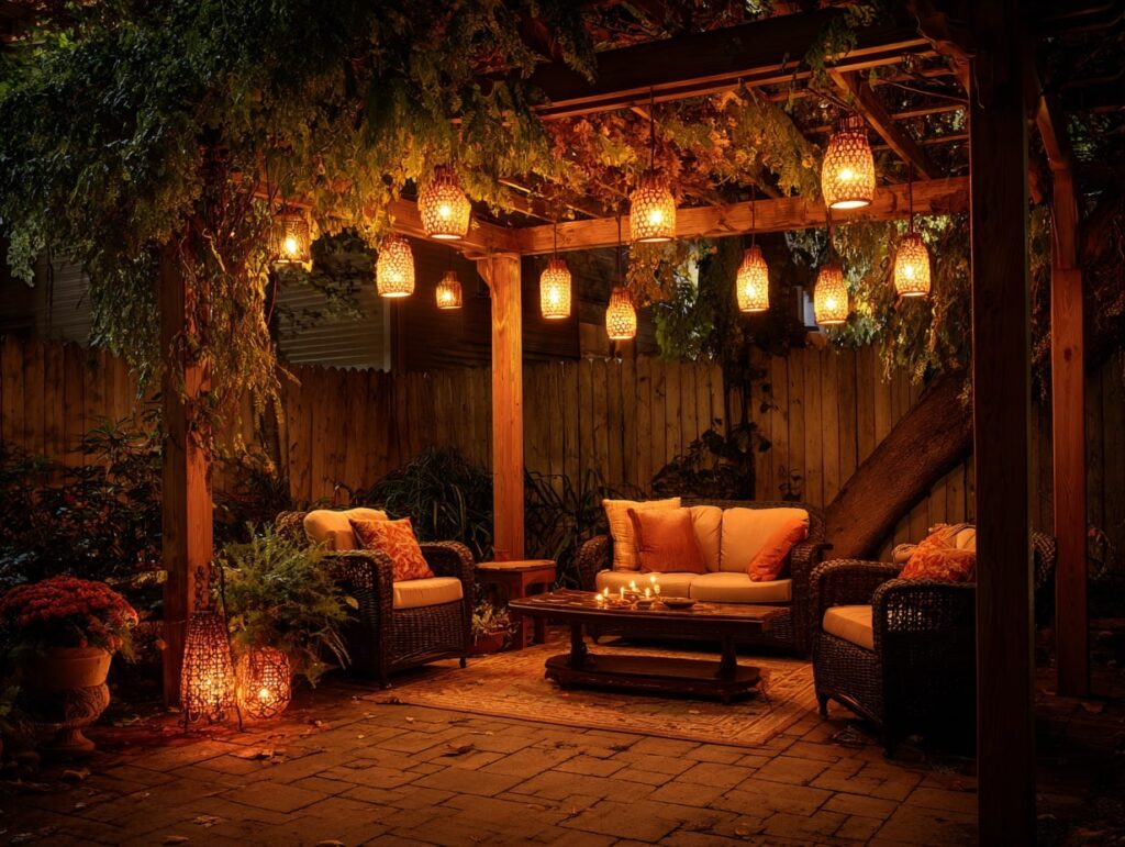 2. Lantern Glow Under a Wooden Pergola