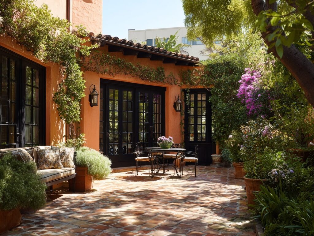 9. Spanish-Inspired Patio with Warm Clay and Black Trim