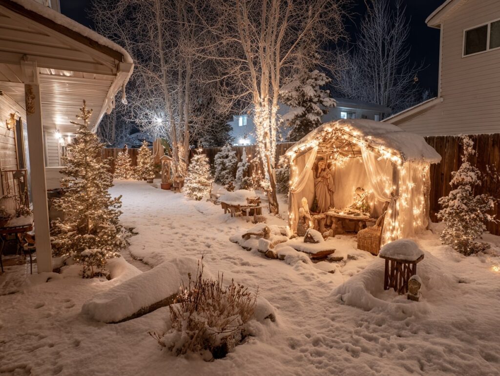 Peaceful Outdoor Nativity Scene with String Lights