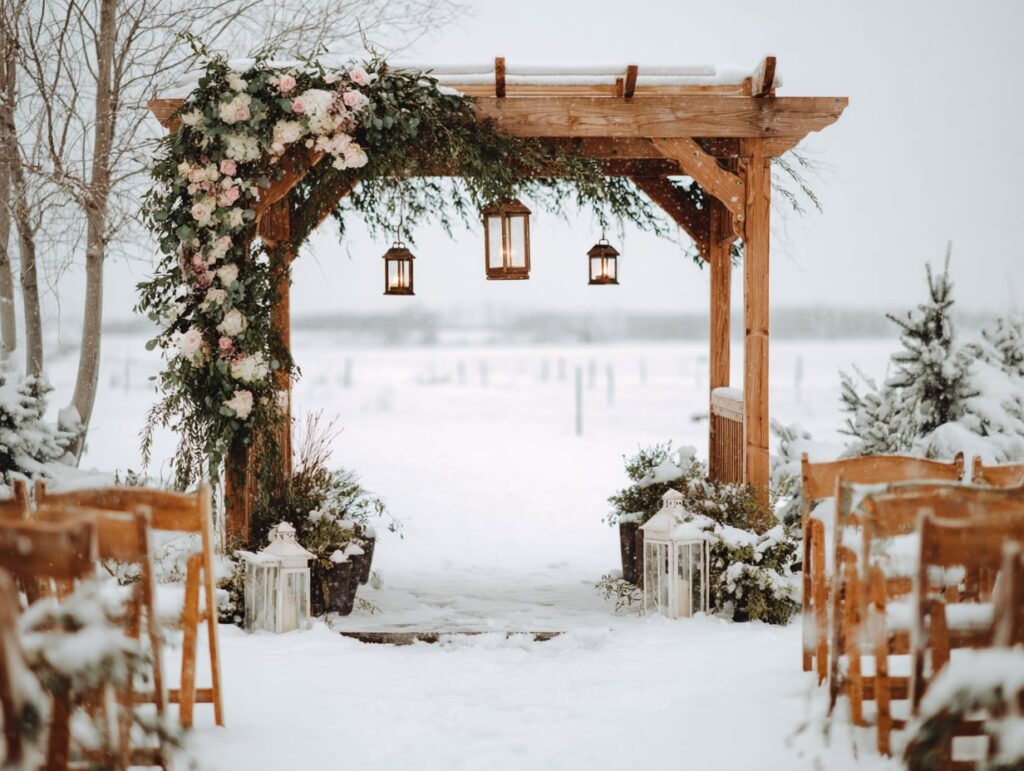 Rustic Snow-Covered Ceremony Arbor

