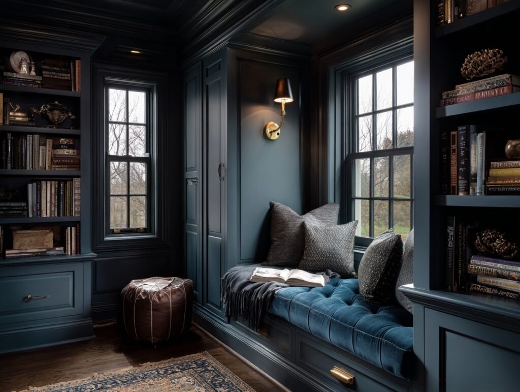 6. Moody Blue Built-In Reading Nook