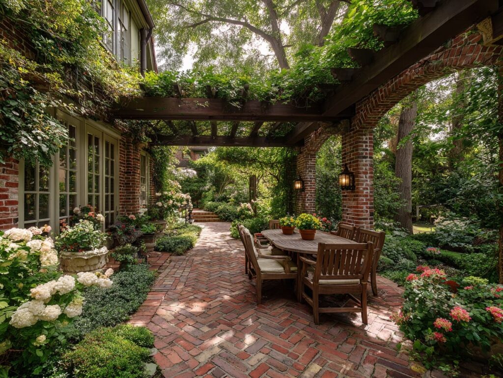 Brick Patio Dining Under a Lush Pergola