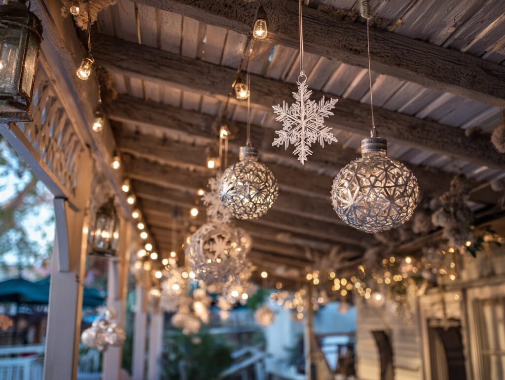 Hanging Ornaments and Snowflakes for a Charming Porch