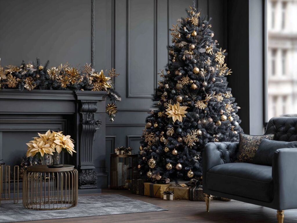 Bold Black Christmas Tree with Gold Glam Accents