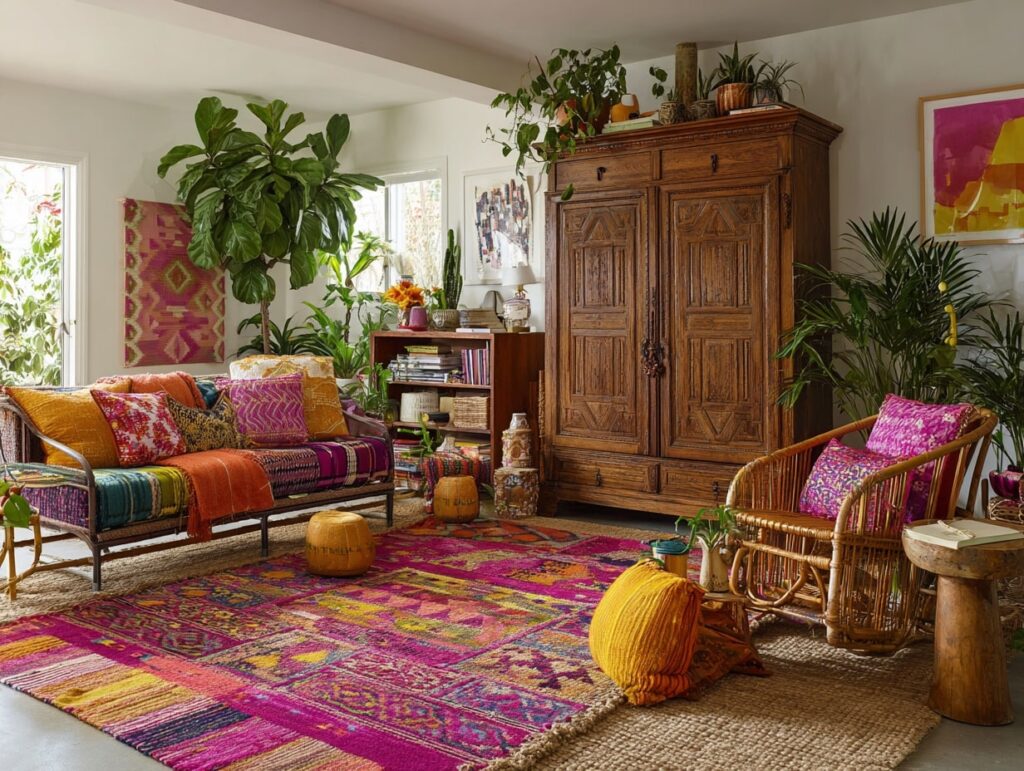 Vibrant Boho Living Room with Eclectic Textiles