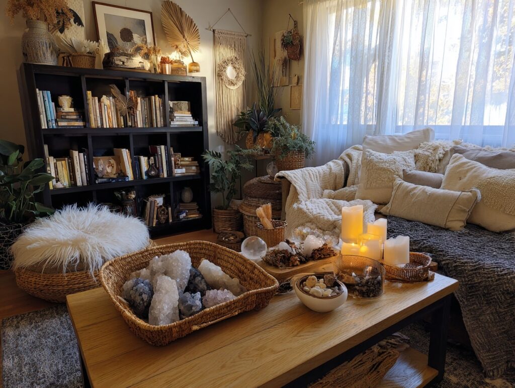 Earthy Boho Living Room with Crystals and Cozy Textures