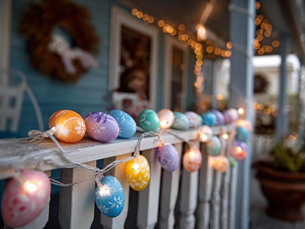 11. Easter Egg String Lights for Porch Railings

