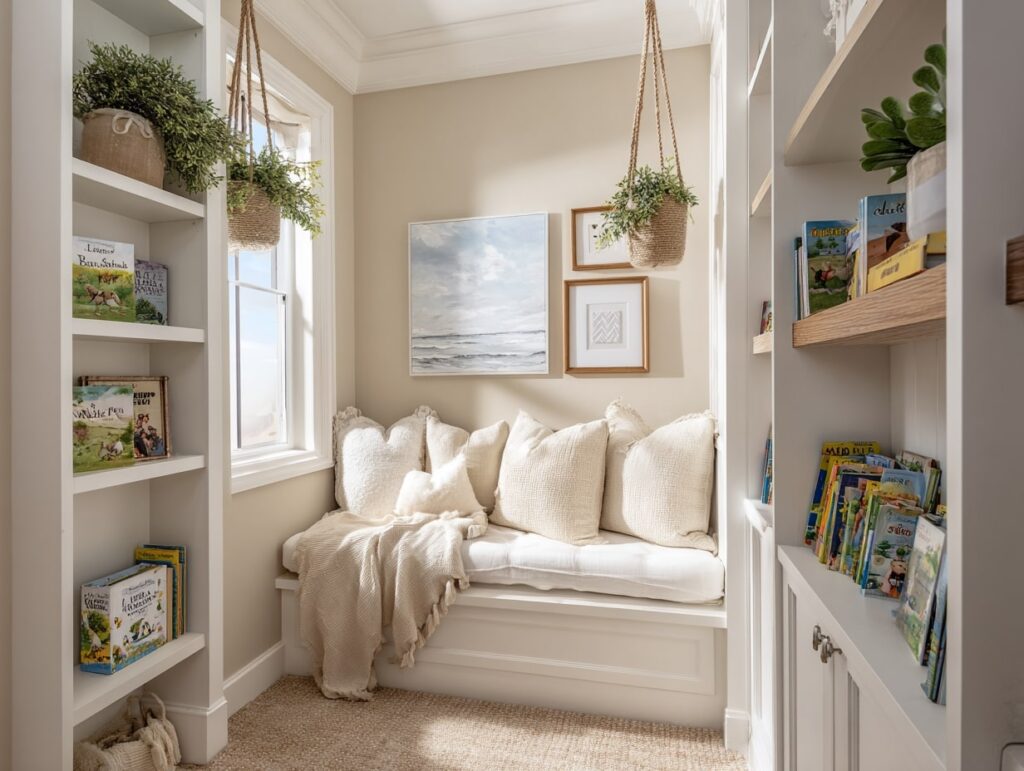 12. Bright Kids’ Book Nook with Built-In Bench