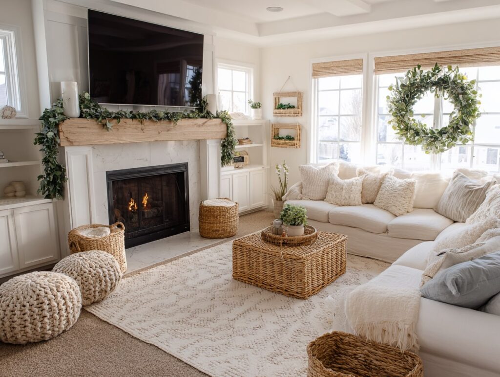 Neutral Christmas Living Room with Greenery
