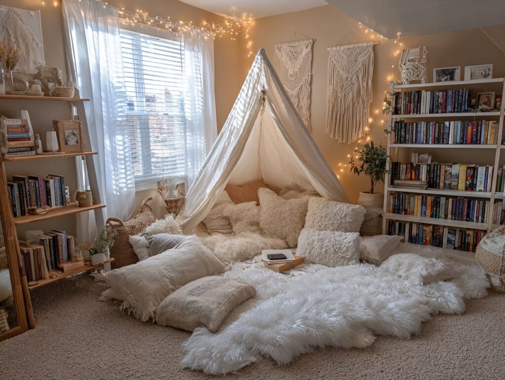 13. Boho Tent-Style Reading Nook with Fairy Lights