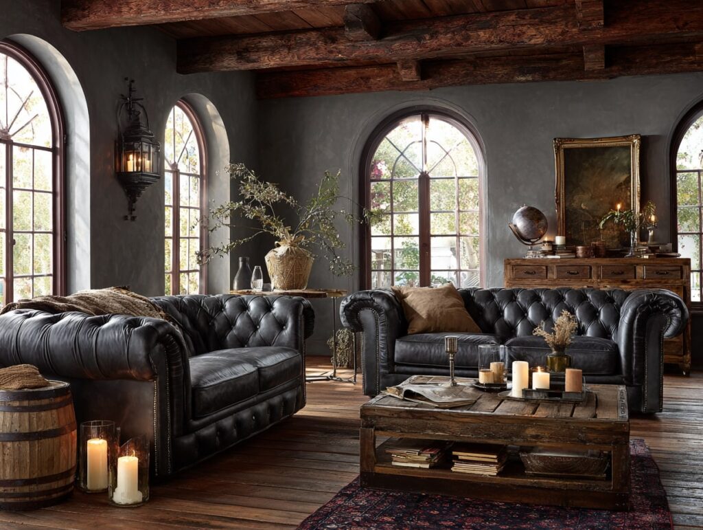 Chesterfield Sofas and Rustic Wood Accents