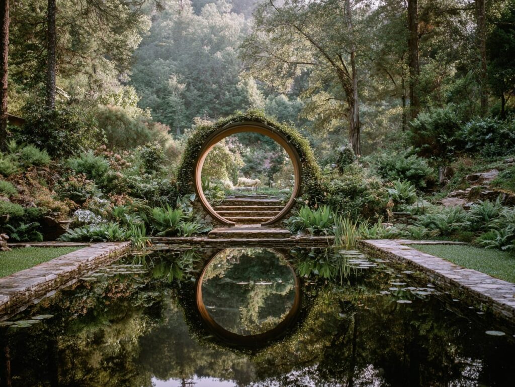 Serene Garden Pond with Moon Gate Feature