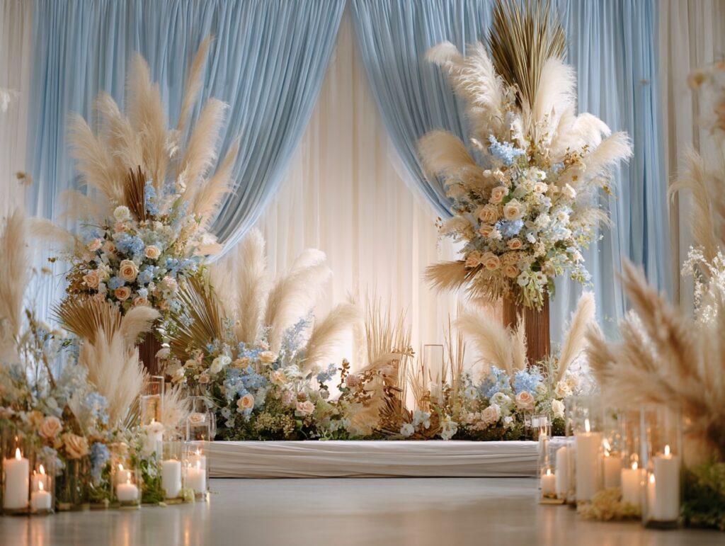Soft Coastal Ceremony Backdrop with Pampas and Blue Drapes