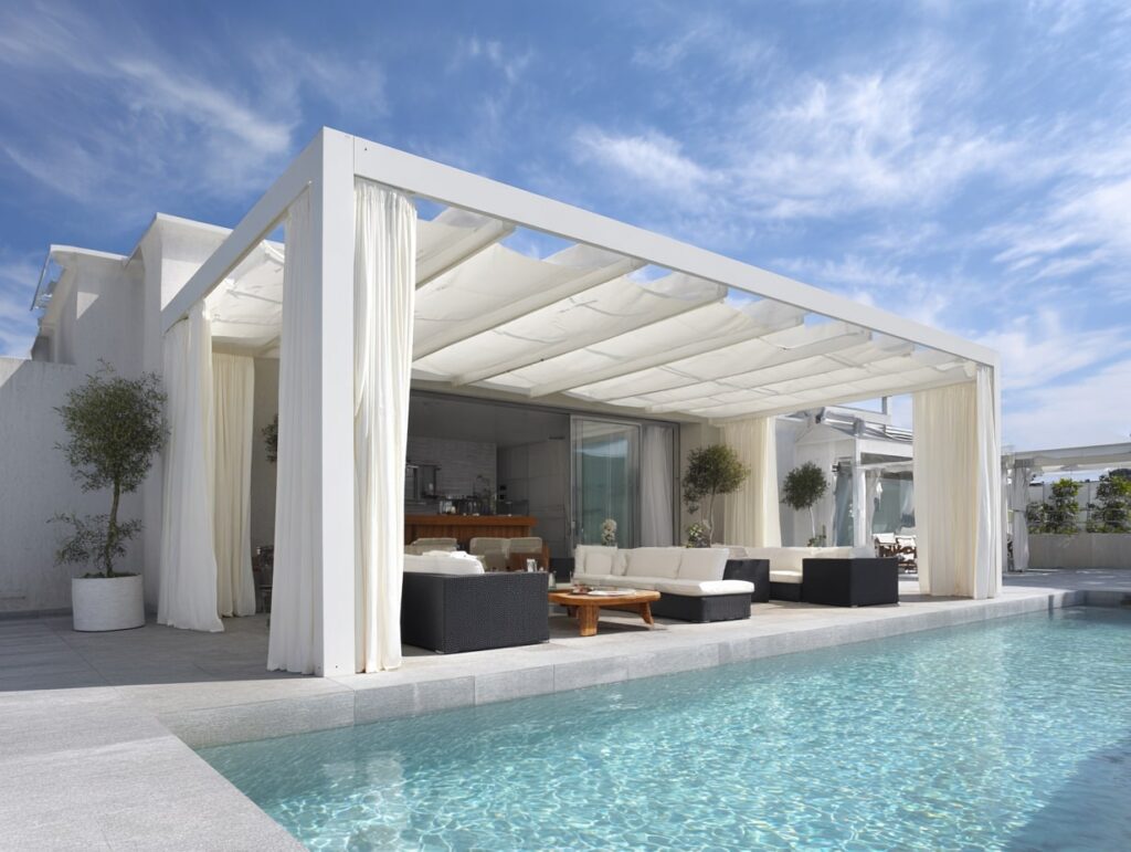 15. Poolside Lounge with Modern White Canopy