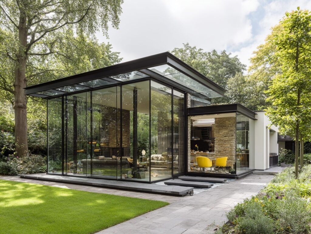 2. Sleek Glass Garden Room with Forest Views

