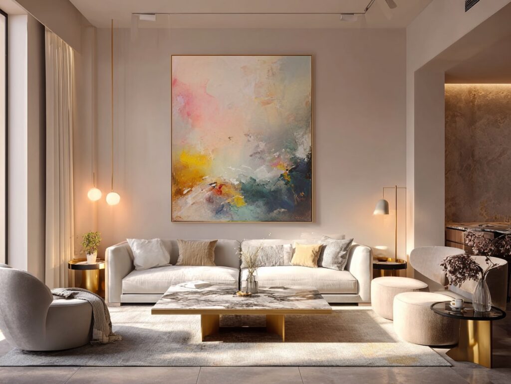 2. Beige Meets Bold with Abstract Art and Soft Lighting
