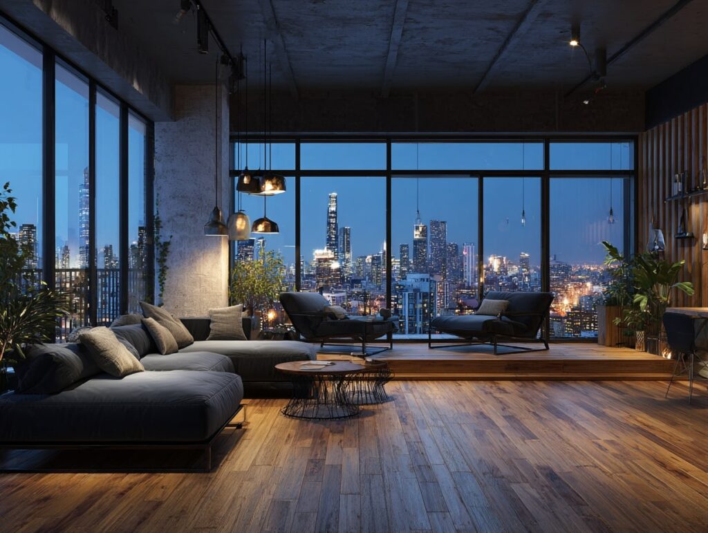 Loft-Style Balcony with Night Skyline Views