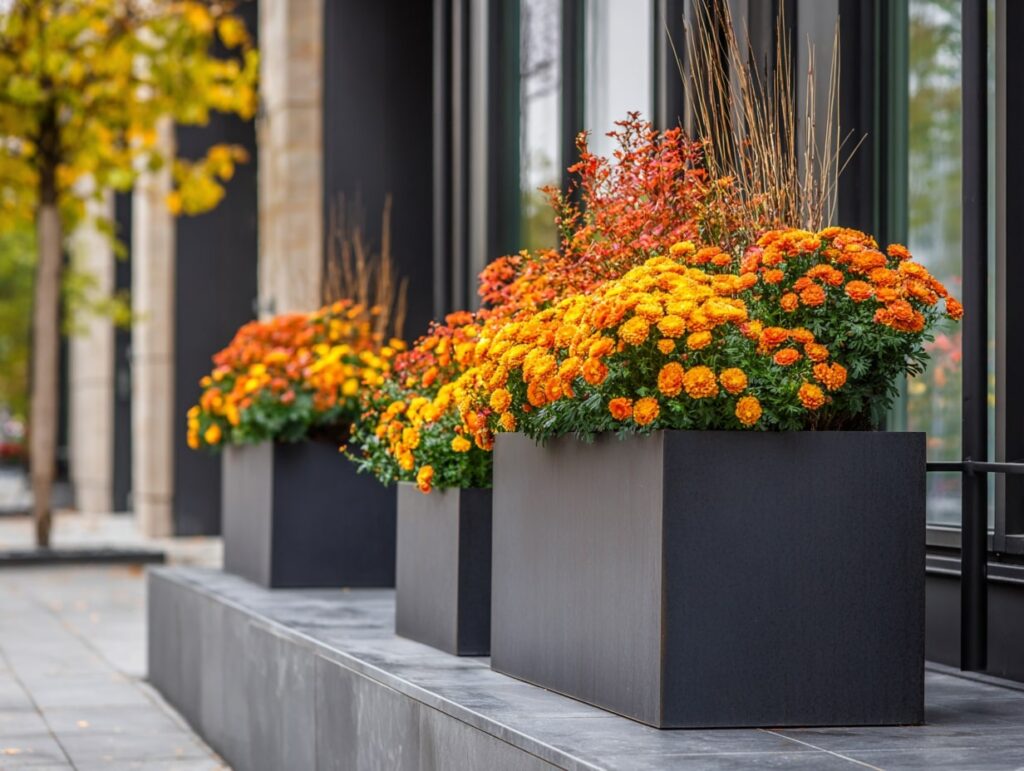 Bold Autumn Mums in Sleek Black Planters