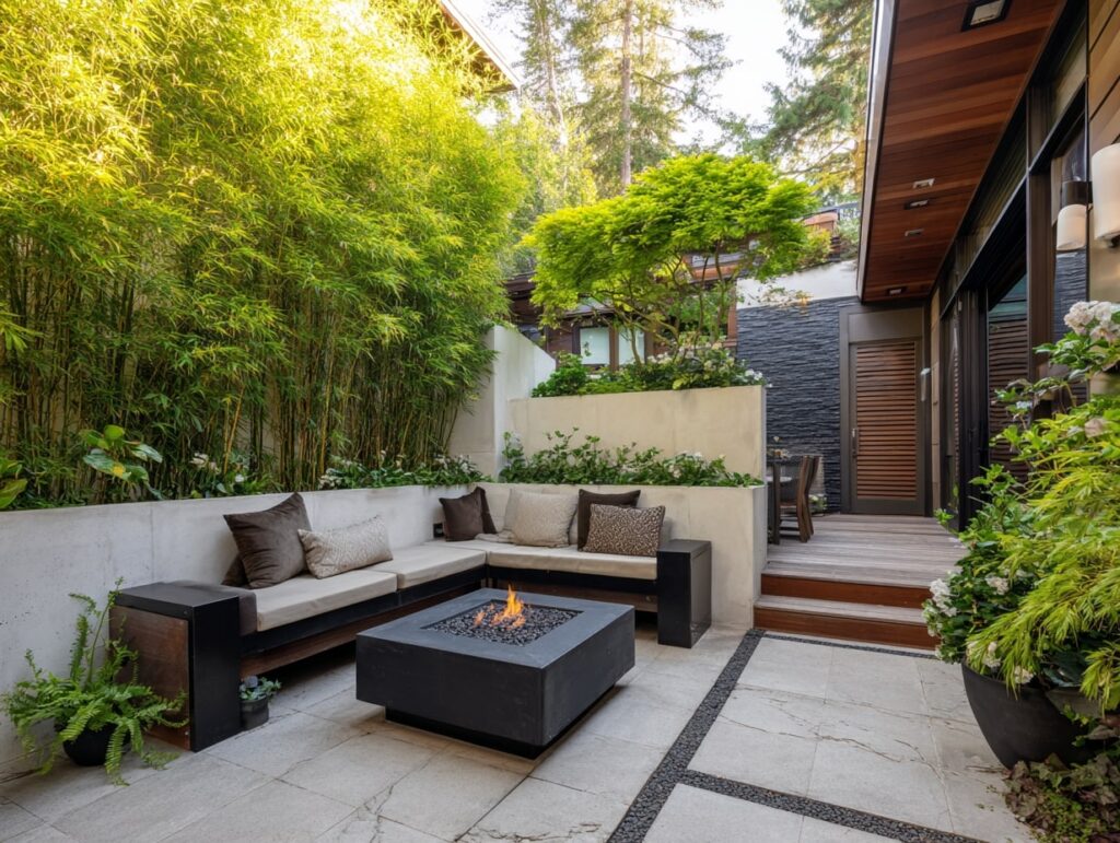 Contemporary Patio with Cozy Fire Table