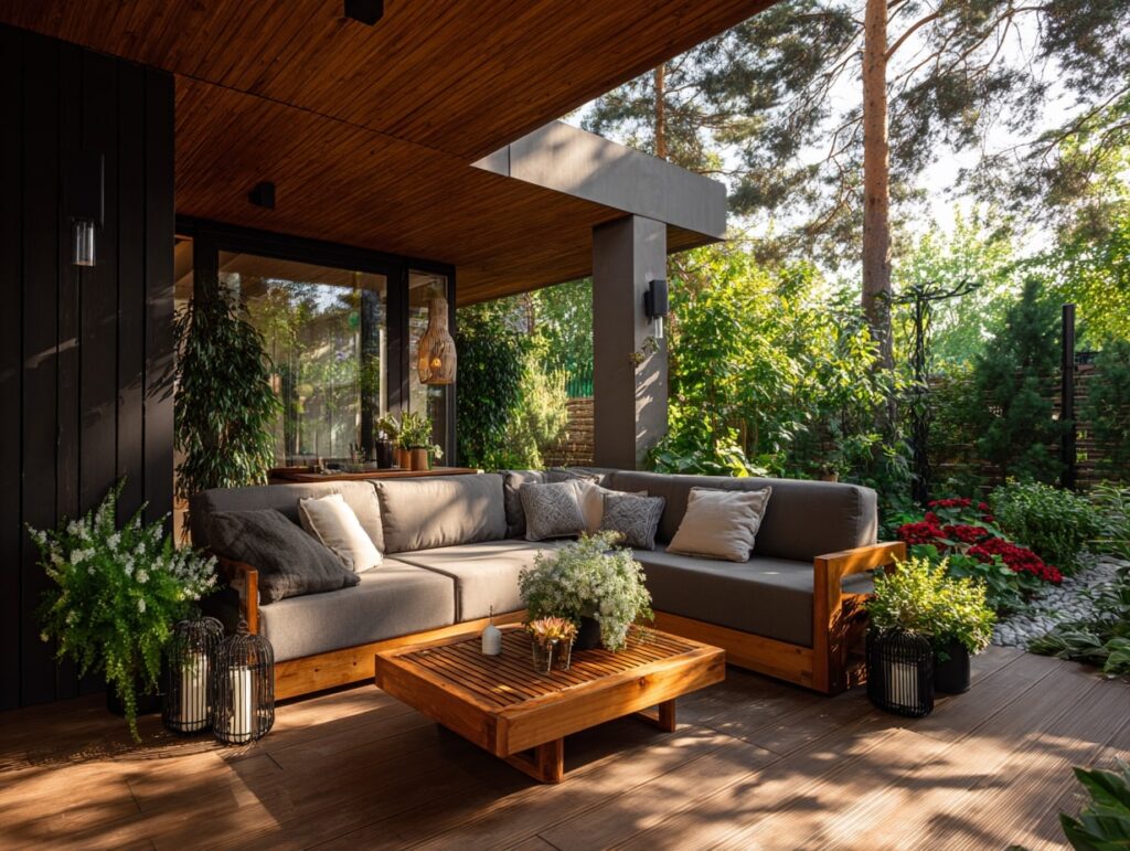 15. Modern Garden Patio with Wooden Charm