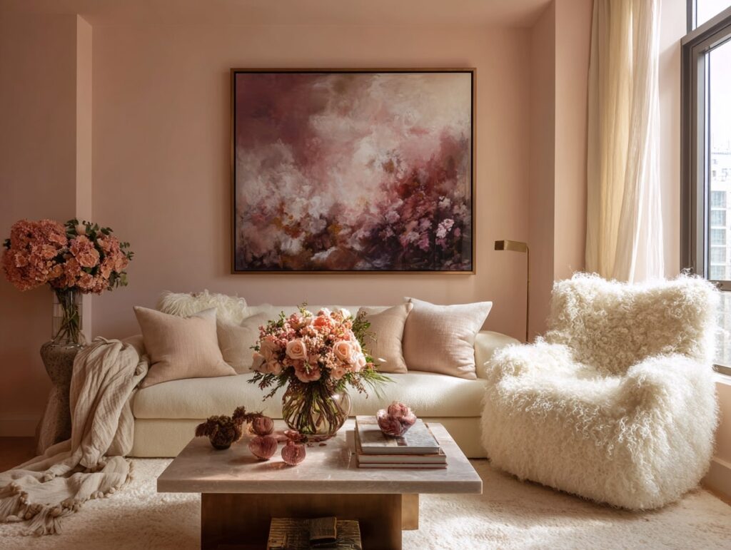 7. Soft Blush Meets Beige in a Romantic Living Room