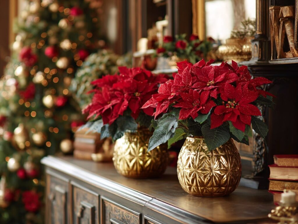 Classic Poinsettias in Gold Vases