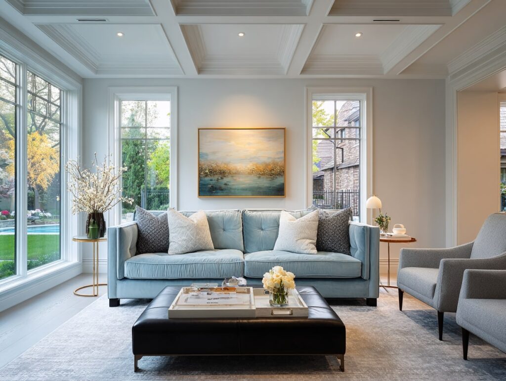Light-Filled Living Room with Soft Blue Sofa