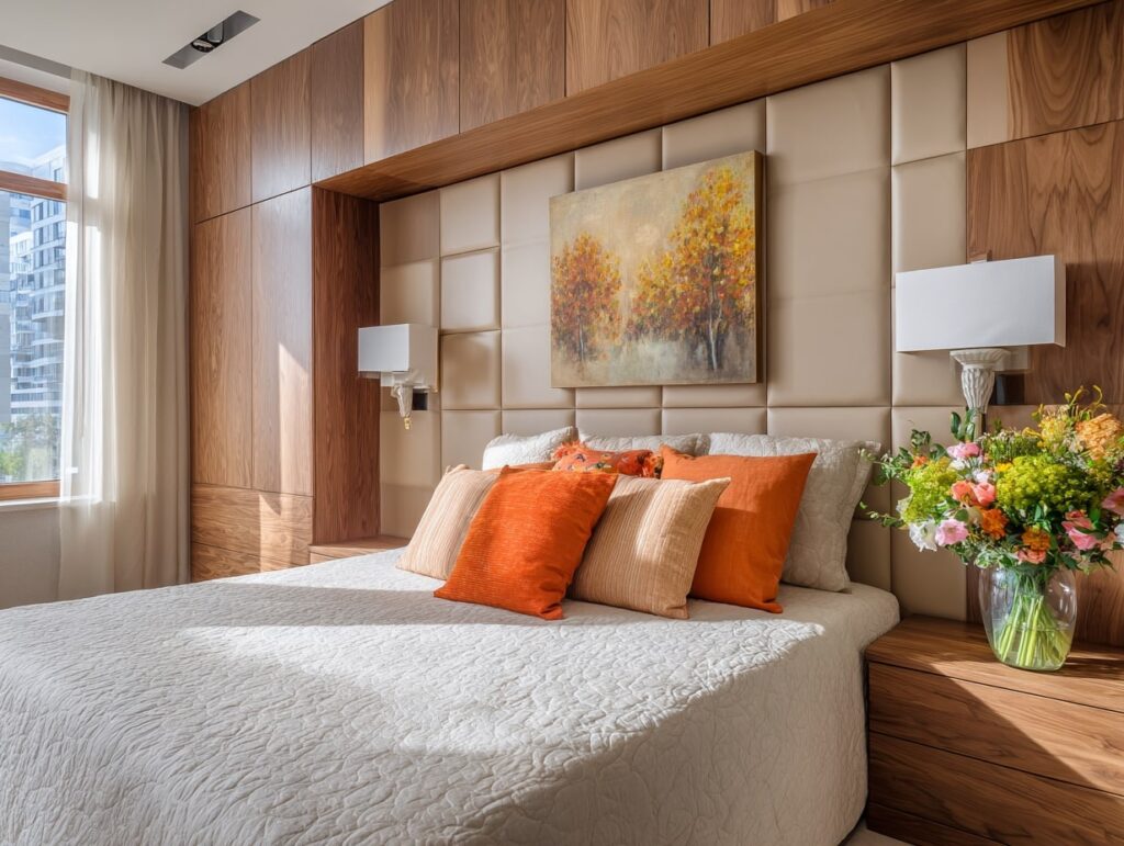 15. Autumn-Inspired Bedroom with Built-In Luxury