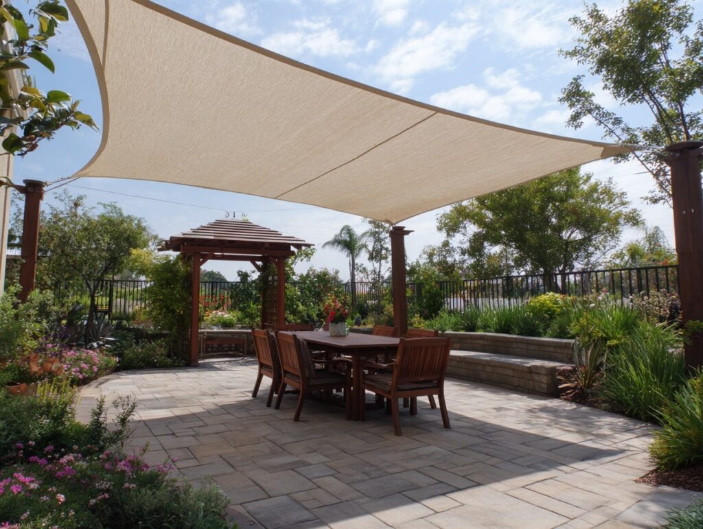 Shaded Patio Dining with Garden Views