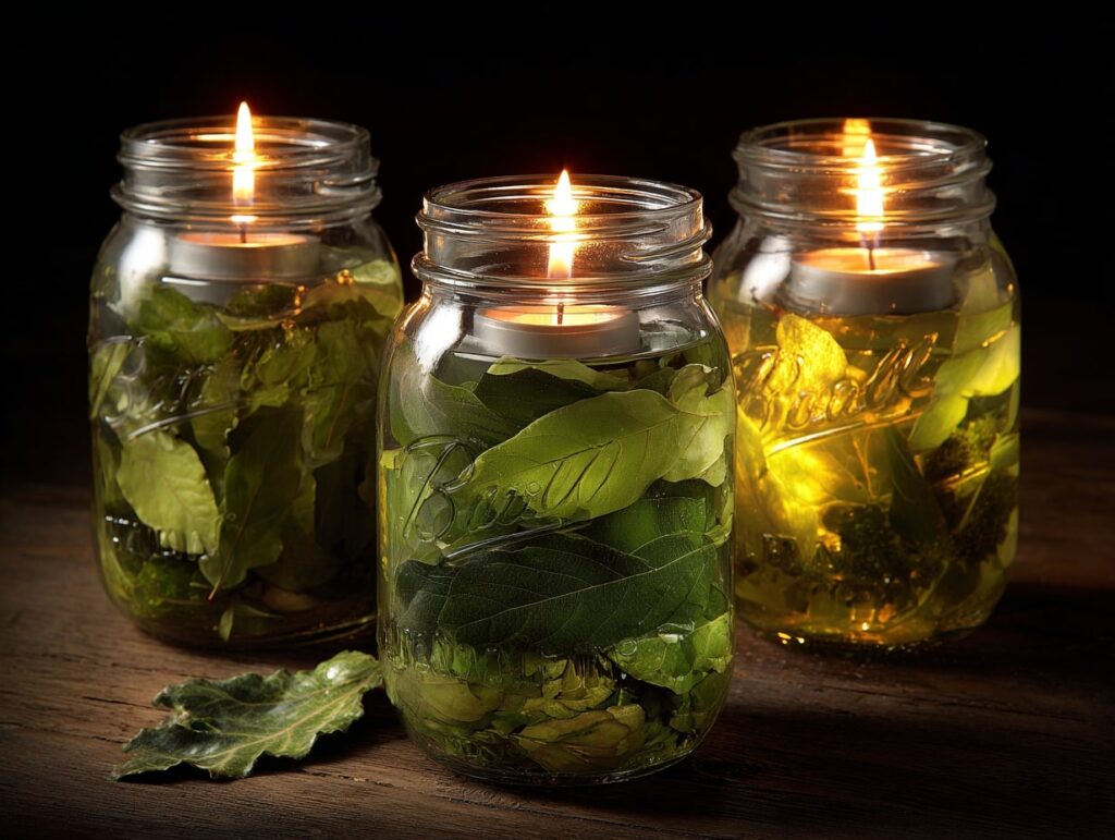Leaf-Filled Mason Jar Candle Holders