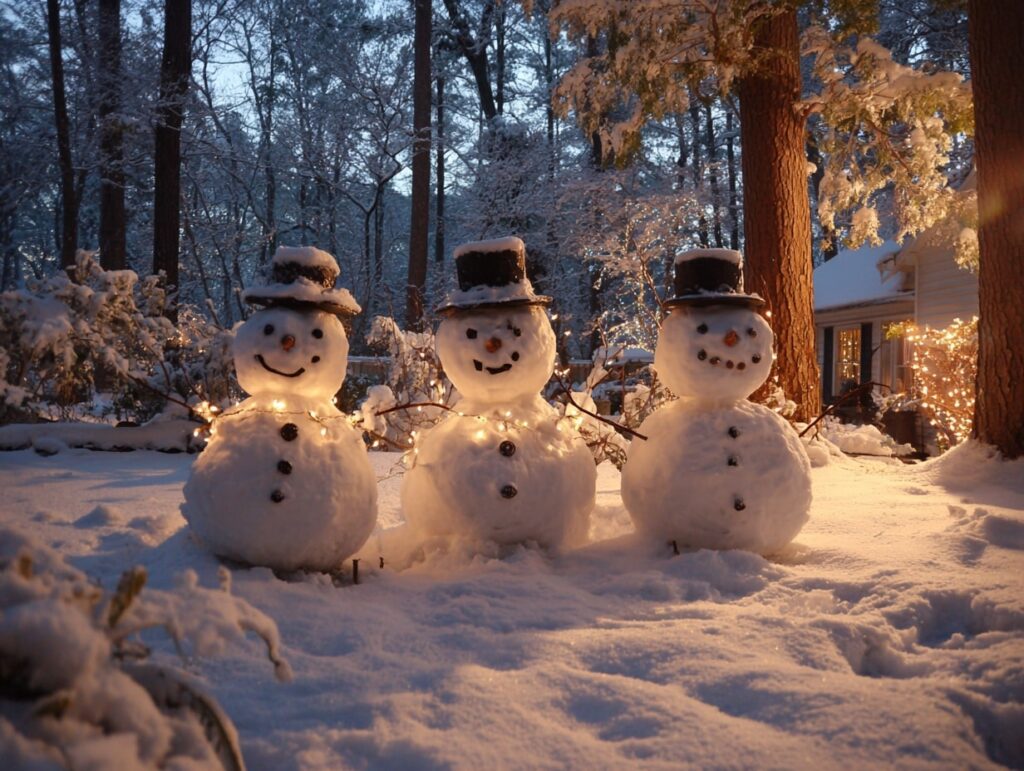 Smiling Snowmen Wrapped in Twinkle Lights