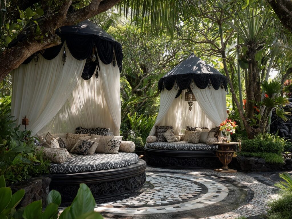 Exotic Outdoor Living Room with Canopy Daybeds

