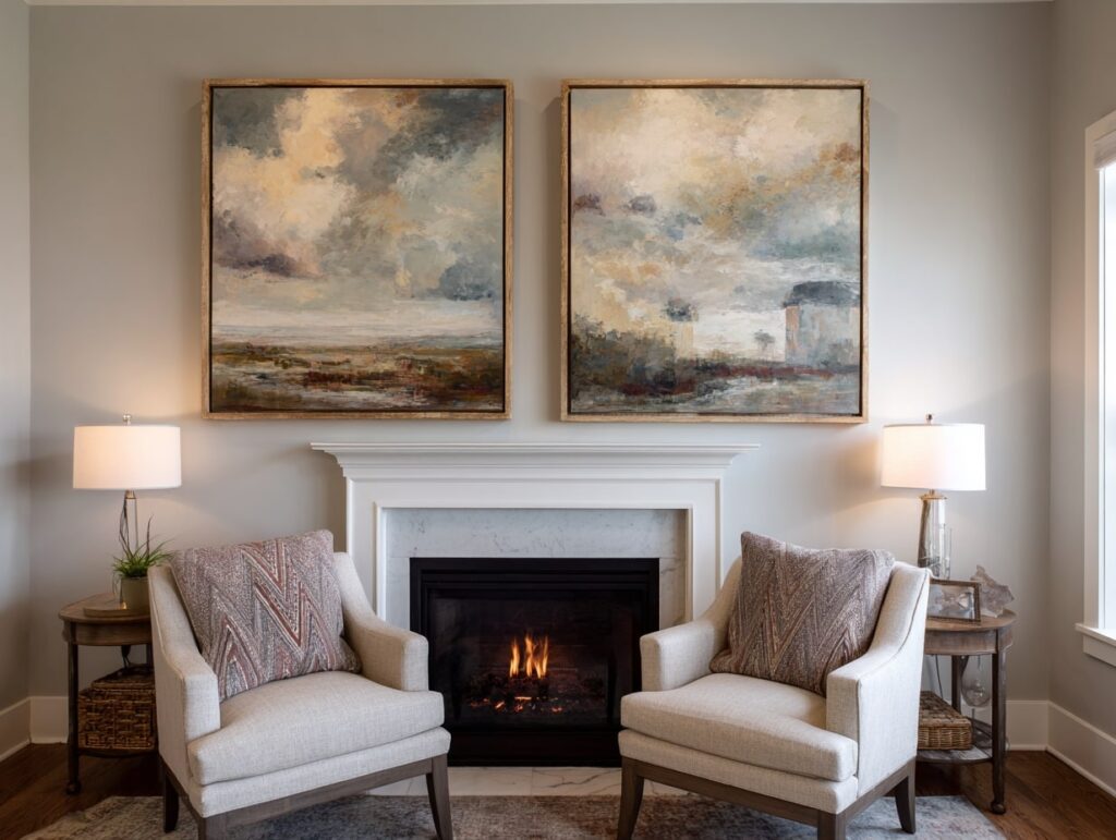 Elegant Fireplace Seating with Statement Art