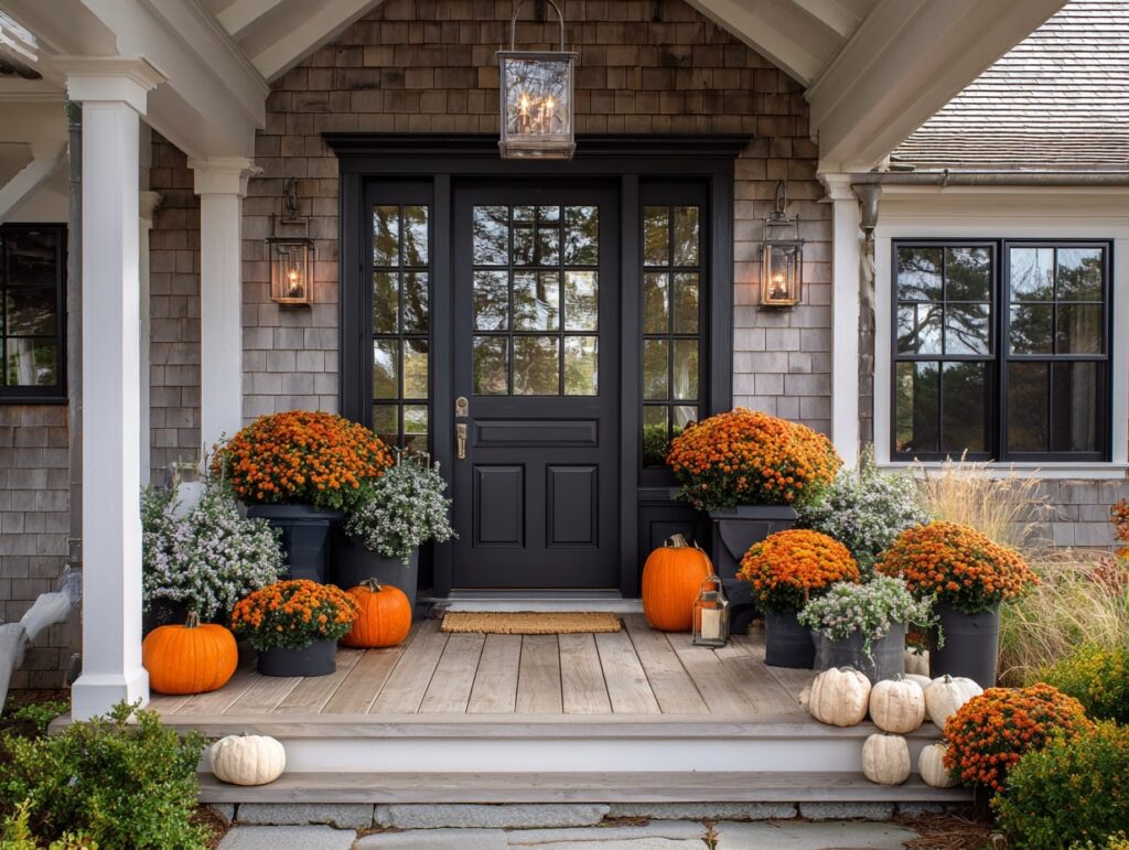 Classic Fall Porch with Mums and Pumpkins