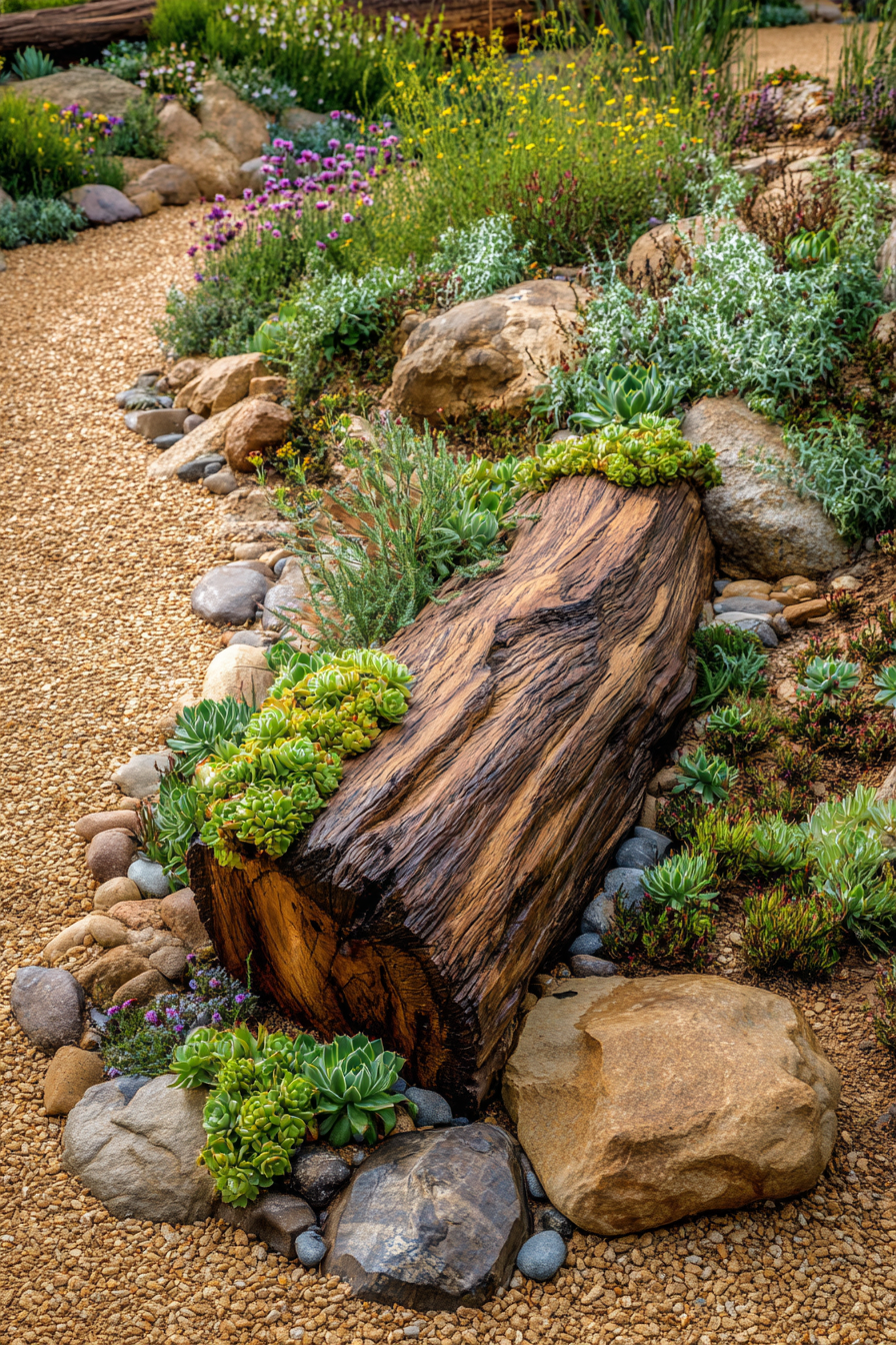 Succulent Border with Natural Bark
