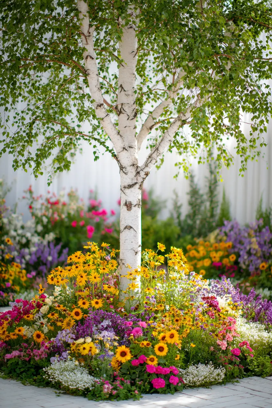 Colorful Perennial Flower Garden Encircling Tree