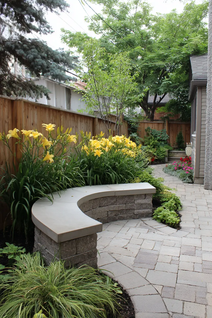 Curved Stone Bench Surrounded by Greenery
