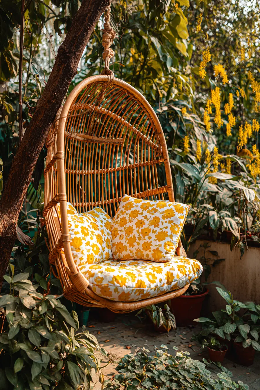 Woven Tree Swing with Floral Cushions