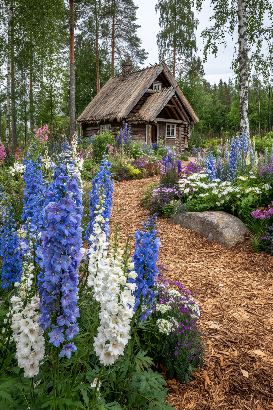 Colorful Delphinium and Flower Border