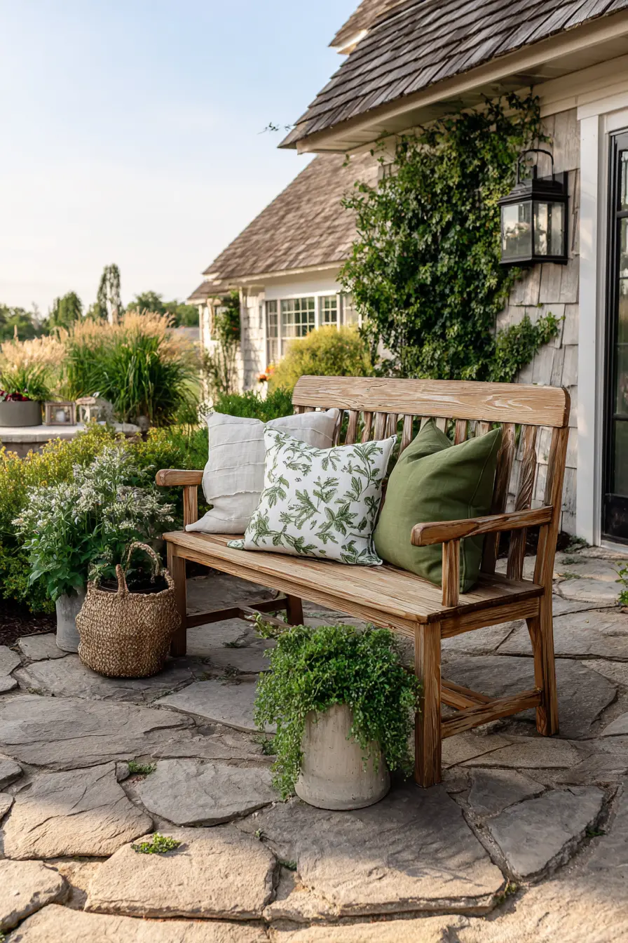 Rustic Wooden Bench with Floral Accents