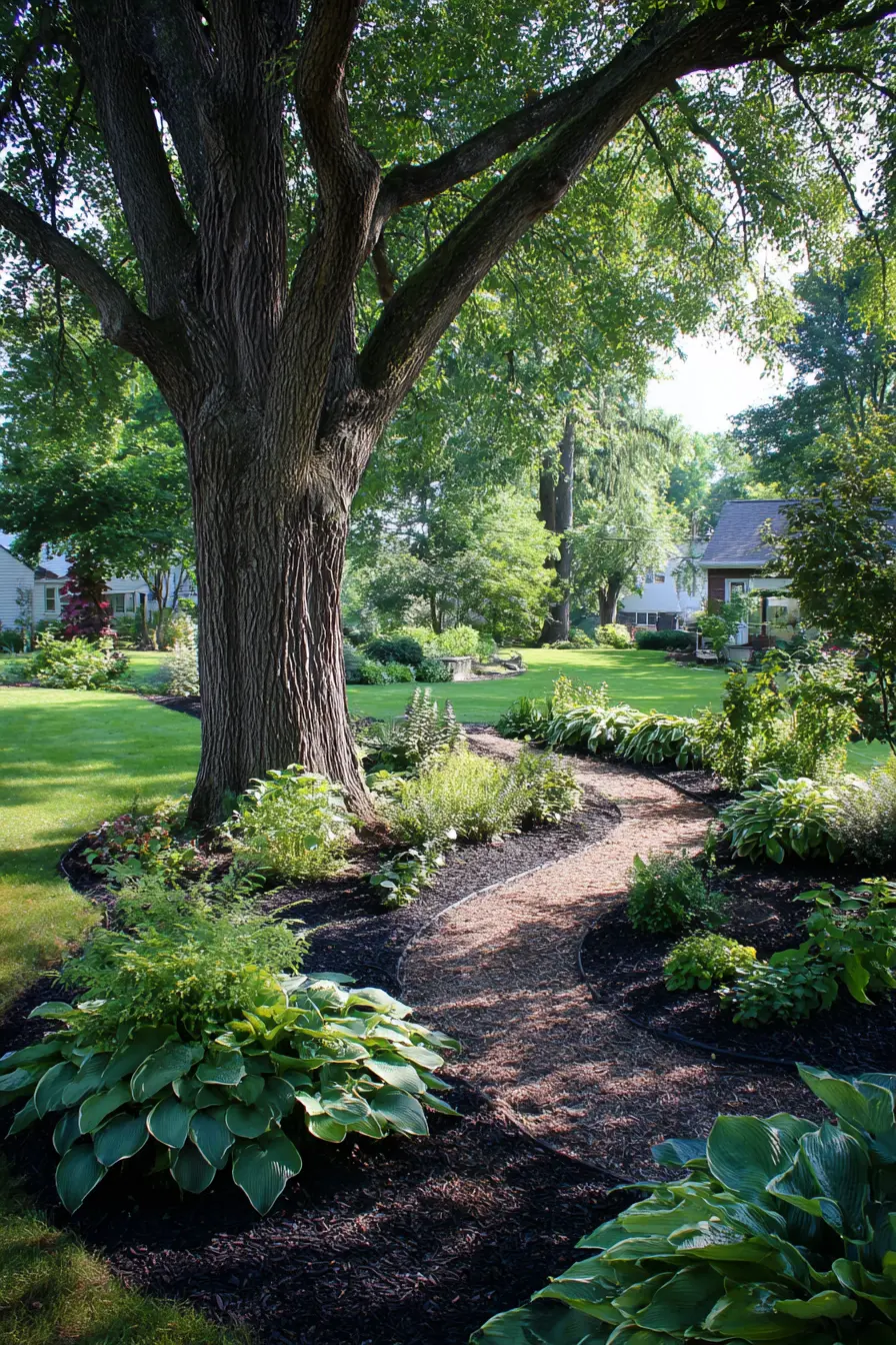 Curved Pathway with Hostas and Mulch
