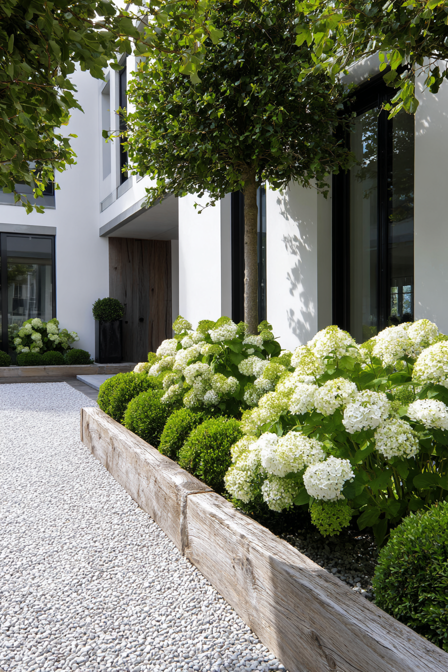 Hydrangeas with Bark Garden Border