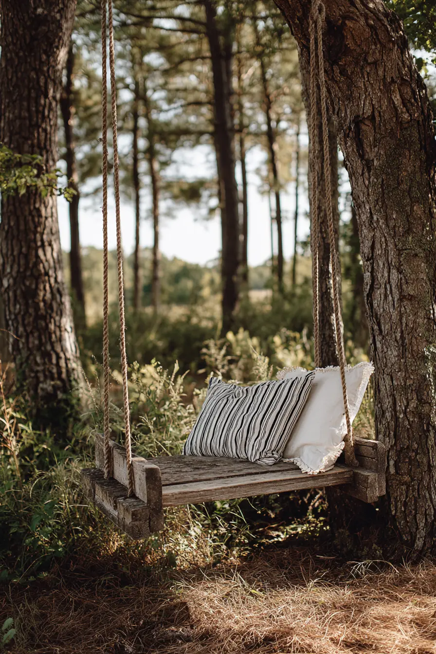 Rustic Log Tree Swing with Pillows