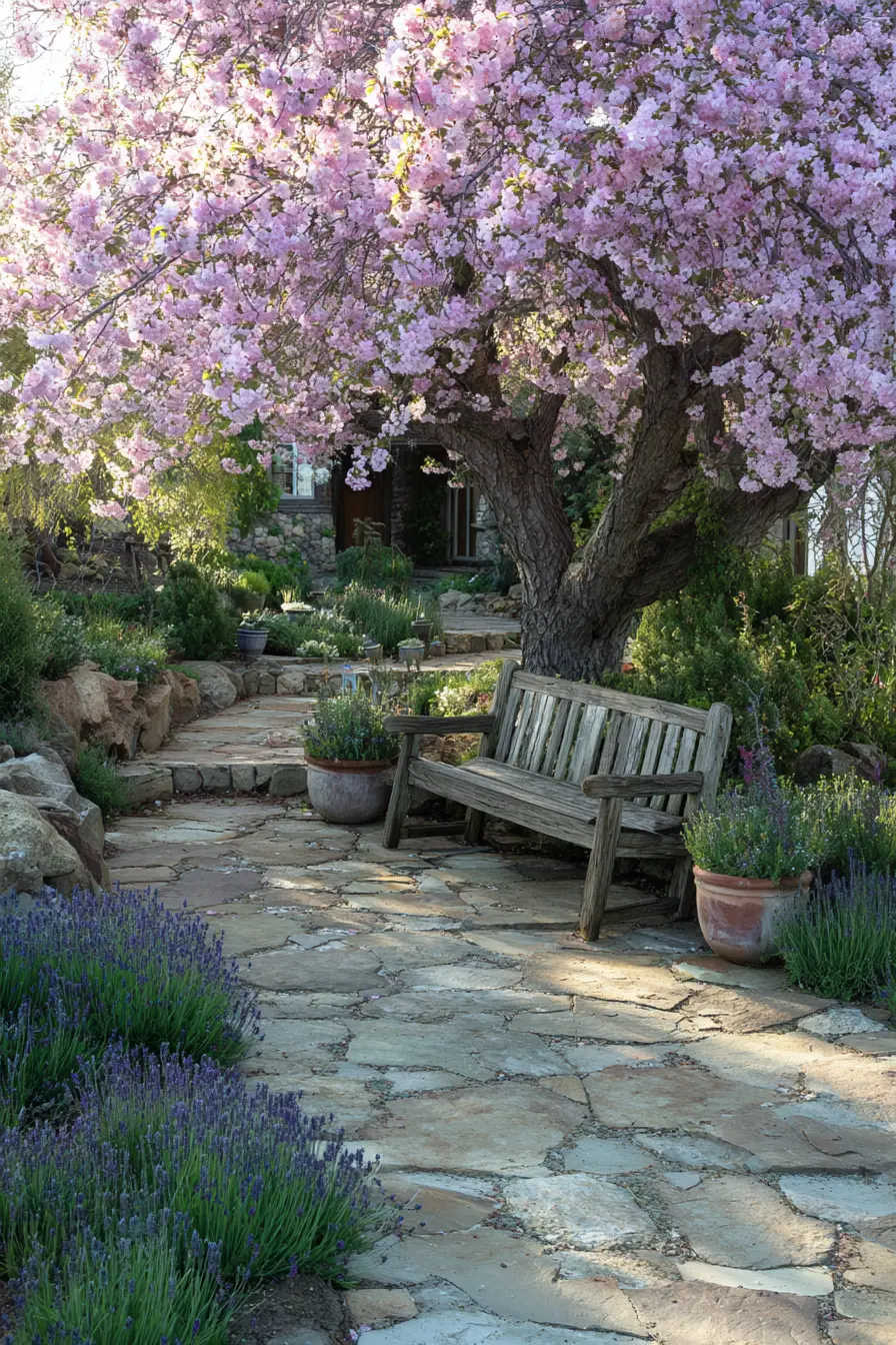 Tranquil Lavender Stone Pathway Garden