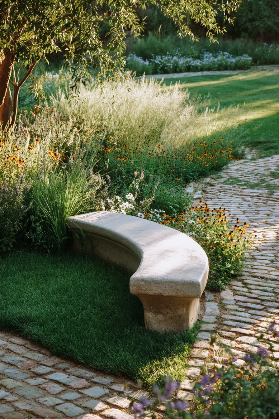 Colorful Perennial Flower Border with Bench