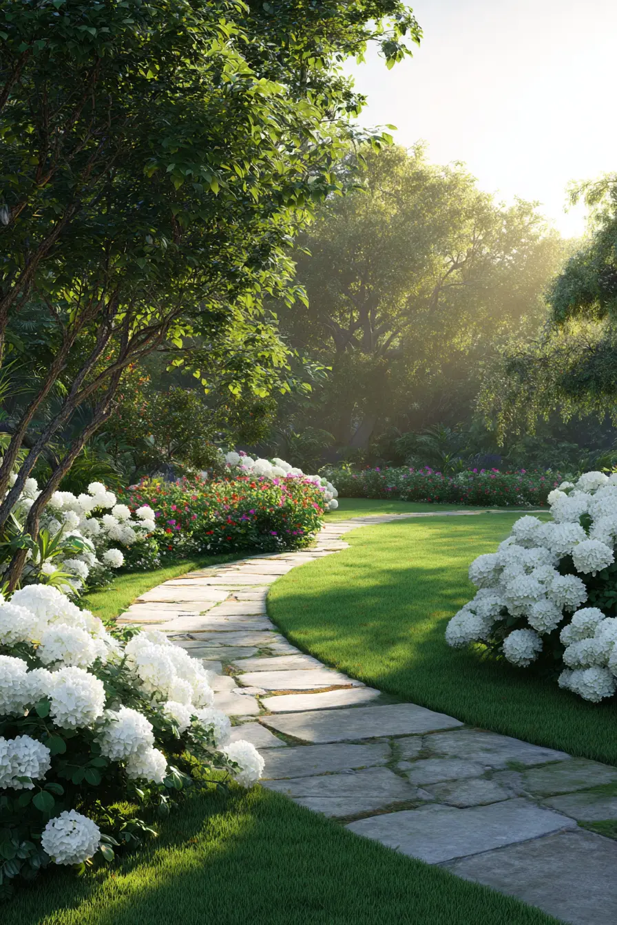 Curved Pathway with White Hydrangeas