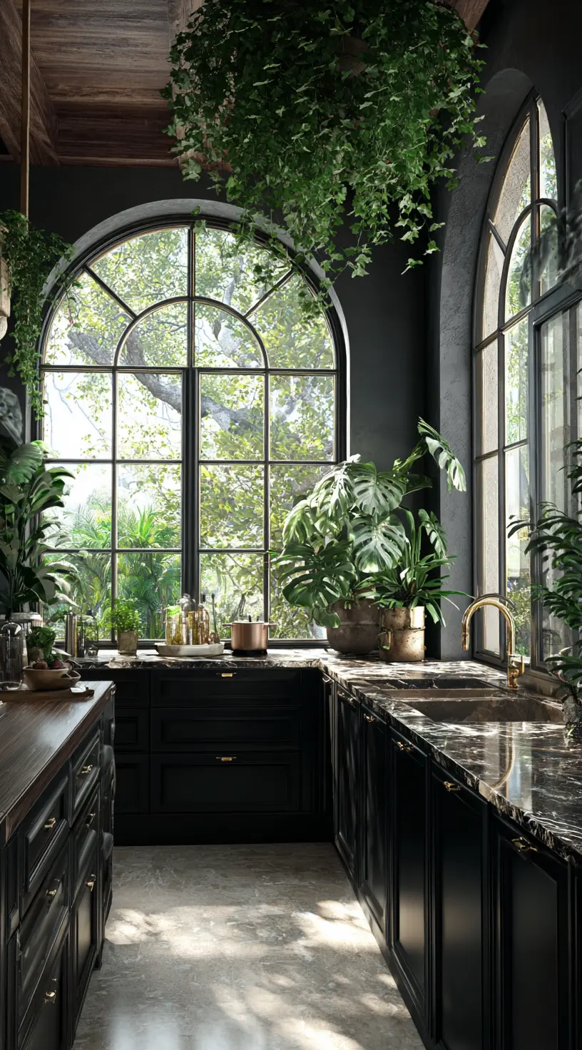 Dark & Moody Kitchen With Lush Greenery
