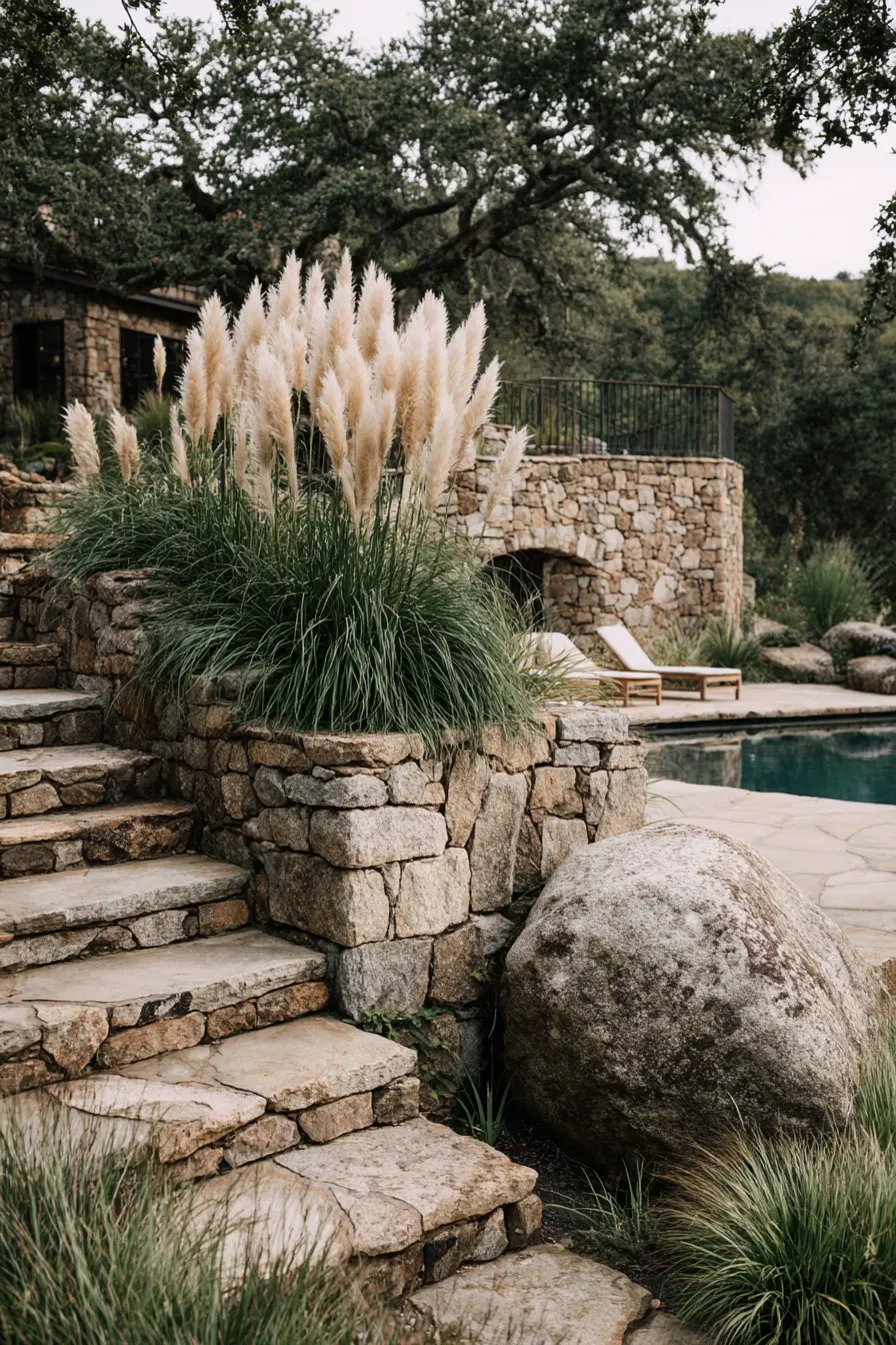 Rustic Stone Wall with Pampas Grass